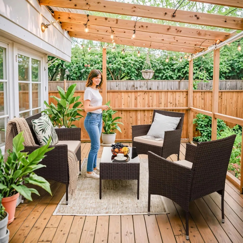 4 Pieces Outdoor Patio Furniture Sets Rattan Chair Wicker Set,Outdoor Indoor Use Backyard Porch Garden Poolside Balcony