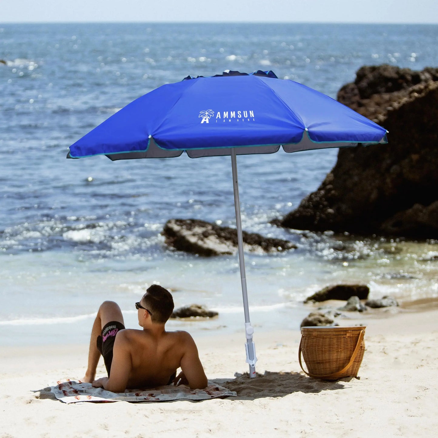 6.5ft Portable Beach Umbrella Twice Folded with Sand Anchor Windproof UPF 50+ Push Button Tilt for Patio Pool Backyard Blue