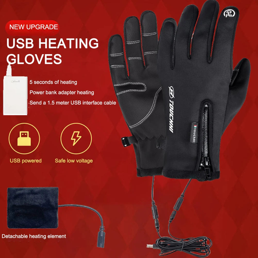 USB Touch Screen Gloves Heated Motorcycle Gloves Winter Ski Gloves for Cycling Running Driving Hiking Walking (NO Battery）