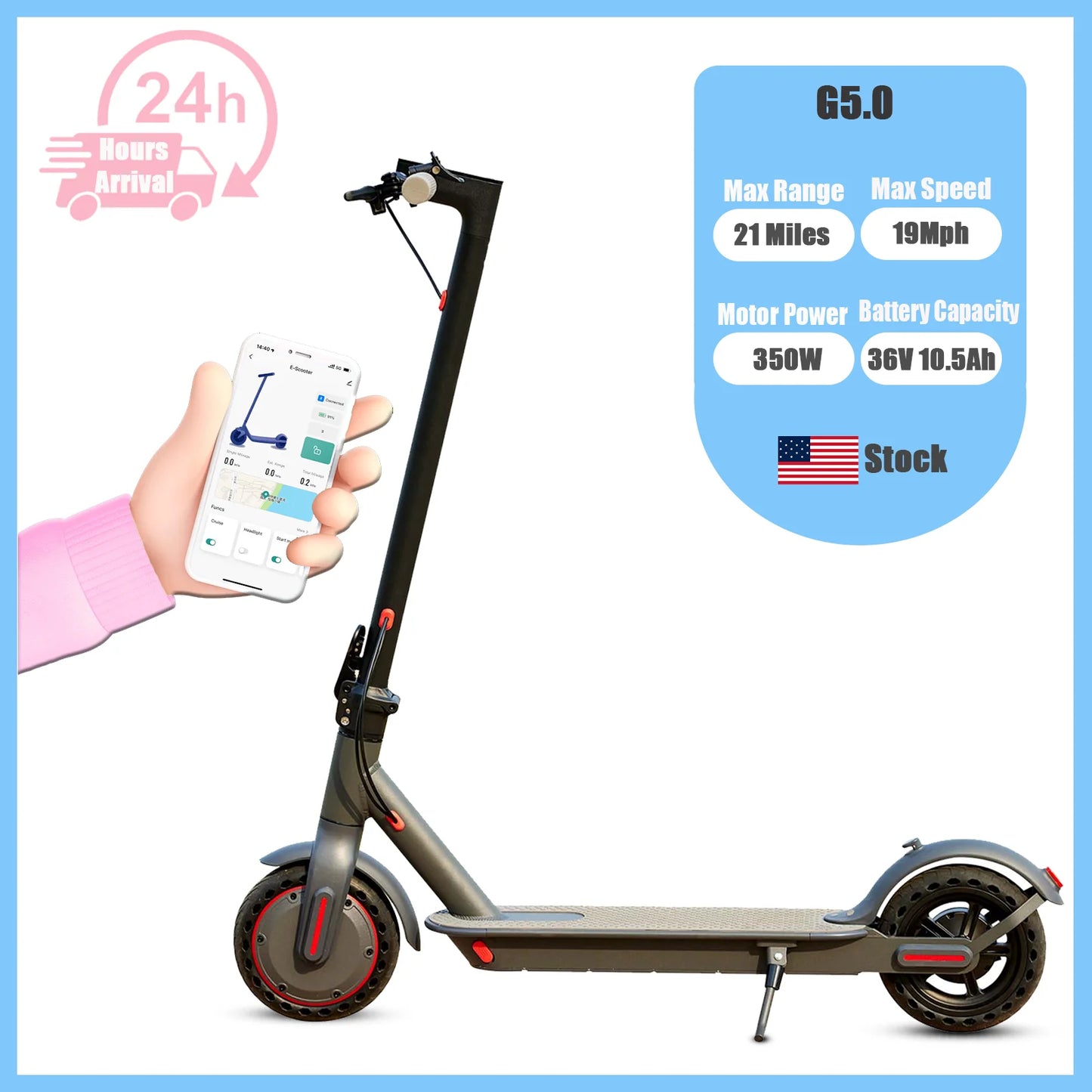 G5.0 Electric Scooter 36V High Capacity Battery 16Miles Long Range 19Mph 350W Motor 8.5Inch Tyres Foldable AOVOPRO Escooter