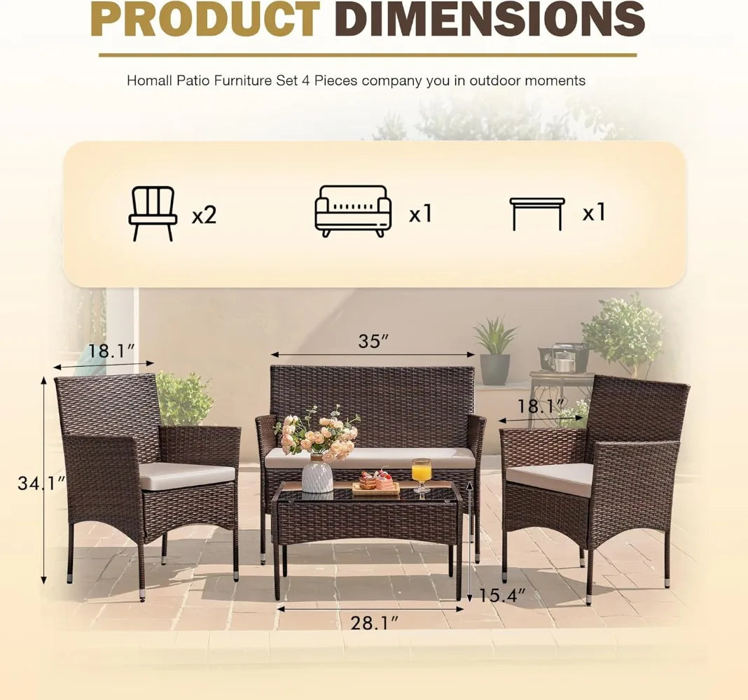 4 Pieces Outdoor Patio Furniture Sets Rattan Chair Wicker Set,Outdoor Indoor Use Backyard Porch Garden Poolside Balcony