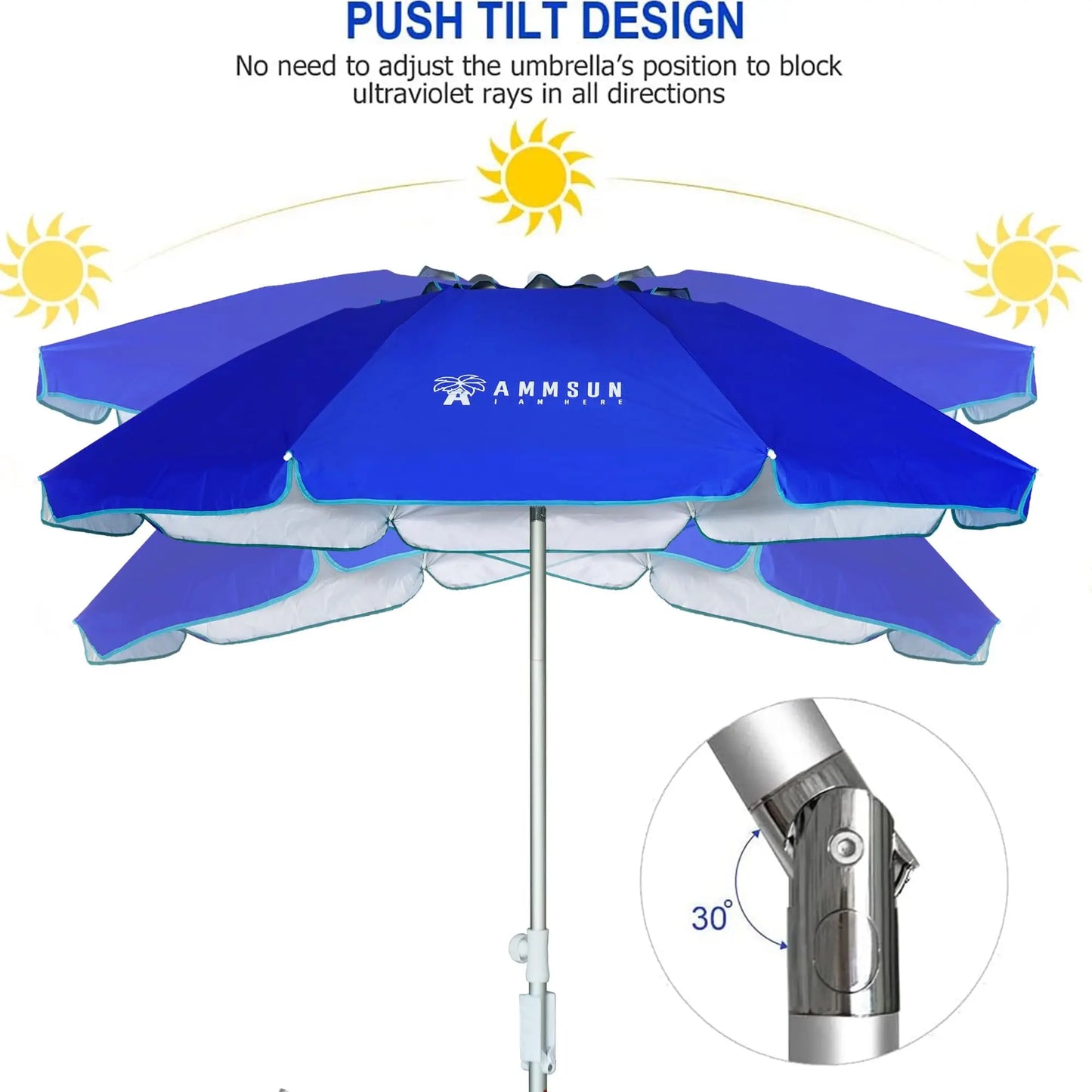 6.5ft Portable Beach Umbrella Twice Folded with Sand Anchor Windproof UPF 50+ Push Button Tilt for Patio Pool Backyard Blue