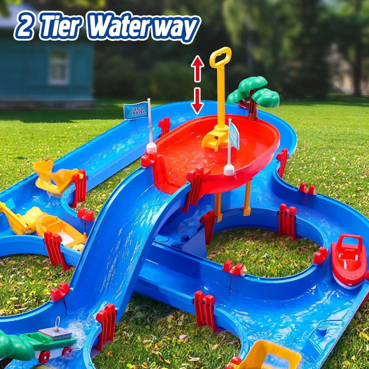 VATOS Summer Outdoor Kids Water Table 2-Tier Toddlers Water Table Playset Pool Waterway Toy with Pump Outside Activity Kids Fun